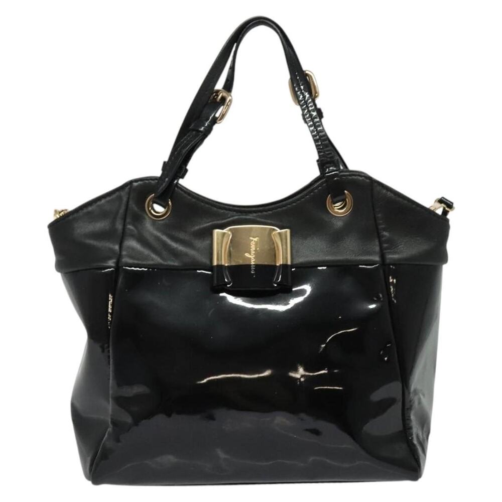 Salvatore Ferragamo Patent Leather Vara Handbag Black